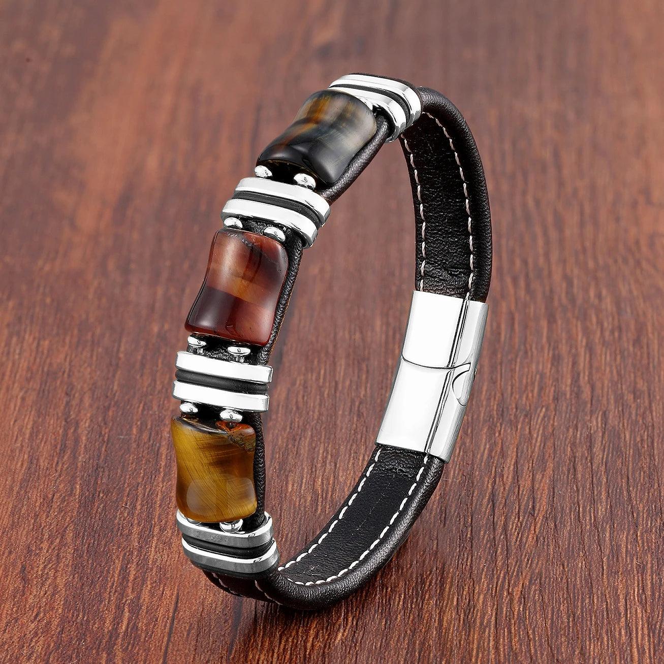 Natural Stone,Tiger Eye Bracelet,Black Leather Rope Chain,Men Bracelet,Stainless Steel Bracelet,Women Fashion Jewelry,Wholesale - Buddha bead​