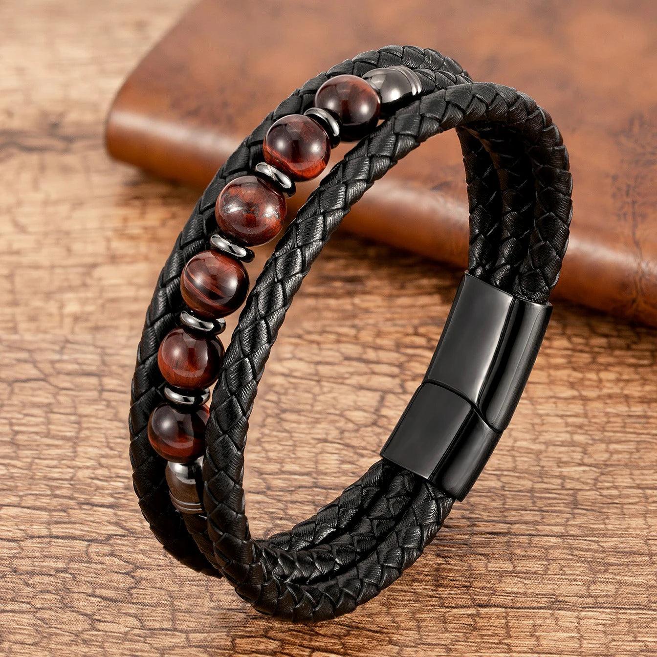 2025 Trendy Multilayer Leather Bracelets Men Jewelry 9 Style Round Stone 8mm Beaded Bracelets For Male Women Valentine Day Gifts - Buddha bead​