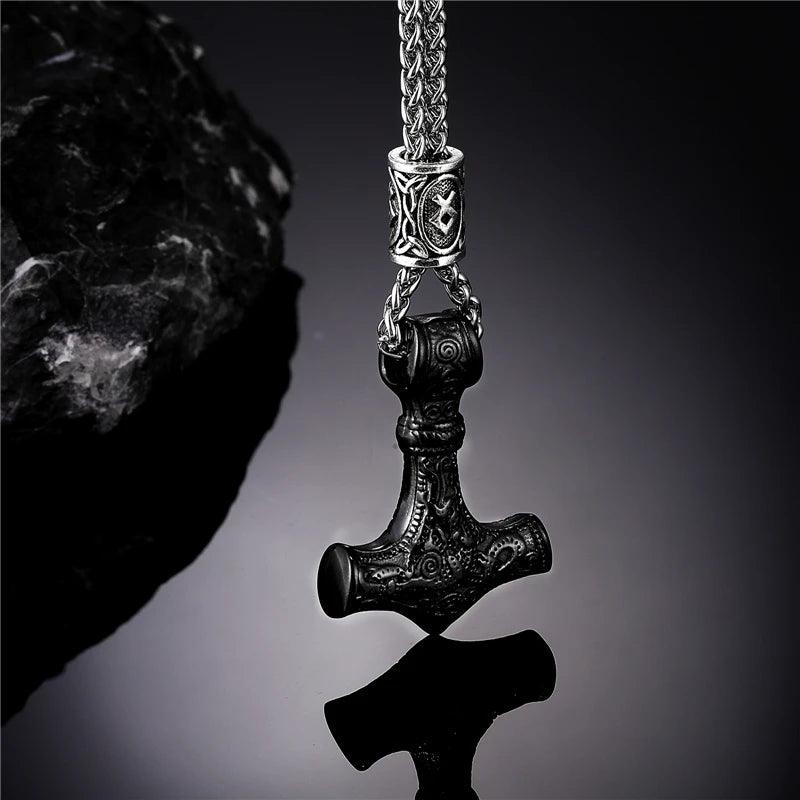 Norse Vikings Thor's Hammer Mjolnir Scandinavian Rune Amulet Necklace Stainless Steel Chain Vegvisir Anchor Pendant Male Jewelry - Buddha bead​