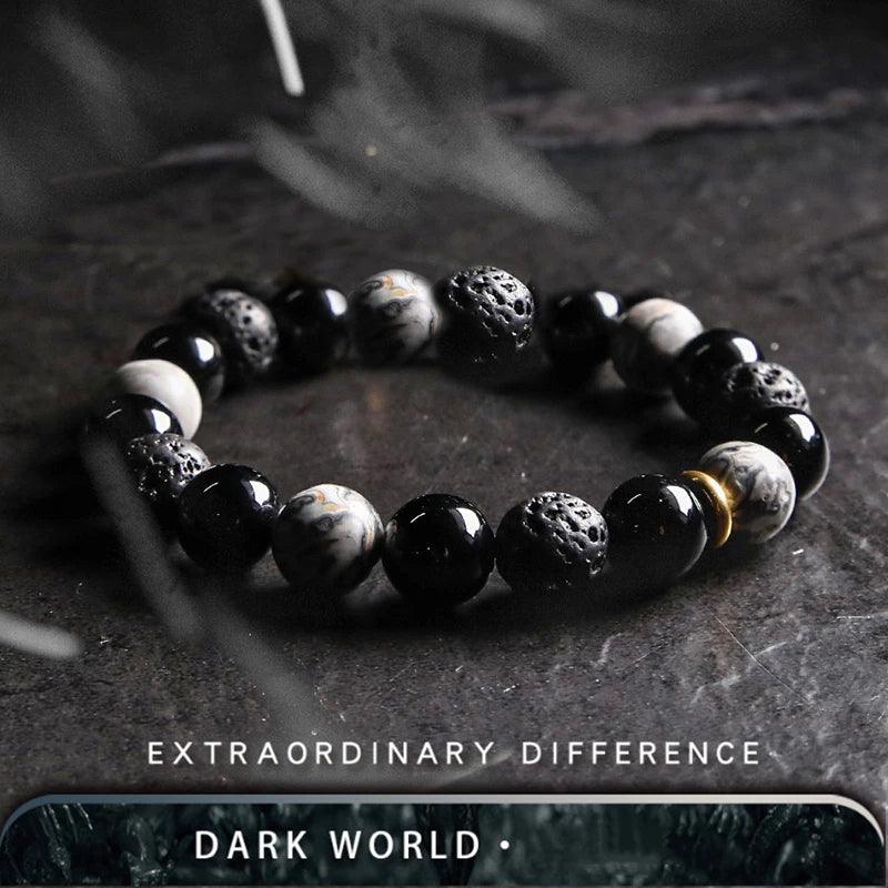 Dark Series Natural Black Onyx Volcanic Rock Map Stone Beads Bracelet Homme Copper Accessories Lava Jewelry for Women Pulsera - Buddha bead​