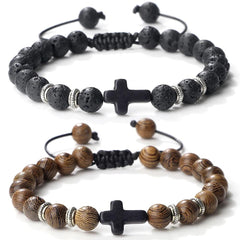 Hot Prayer Cross Men Bracelet Handmade 8mm Natural Tiger Eye Lava Stone Wood Beads Braided Bracelets Vintage Jewelry for Women - Buddha bead​