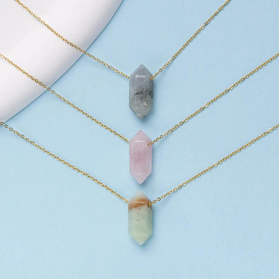New creative crystal double pointed hexagon pendant jewelry natural stone stainless steel color preserving women's necklace - Buddha bead​