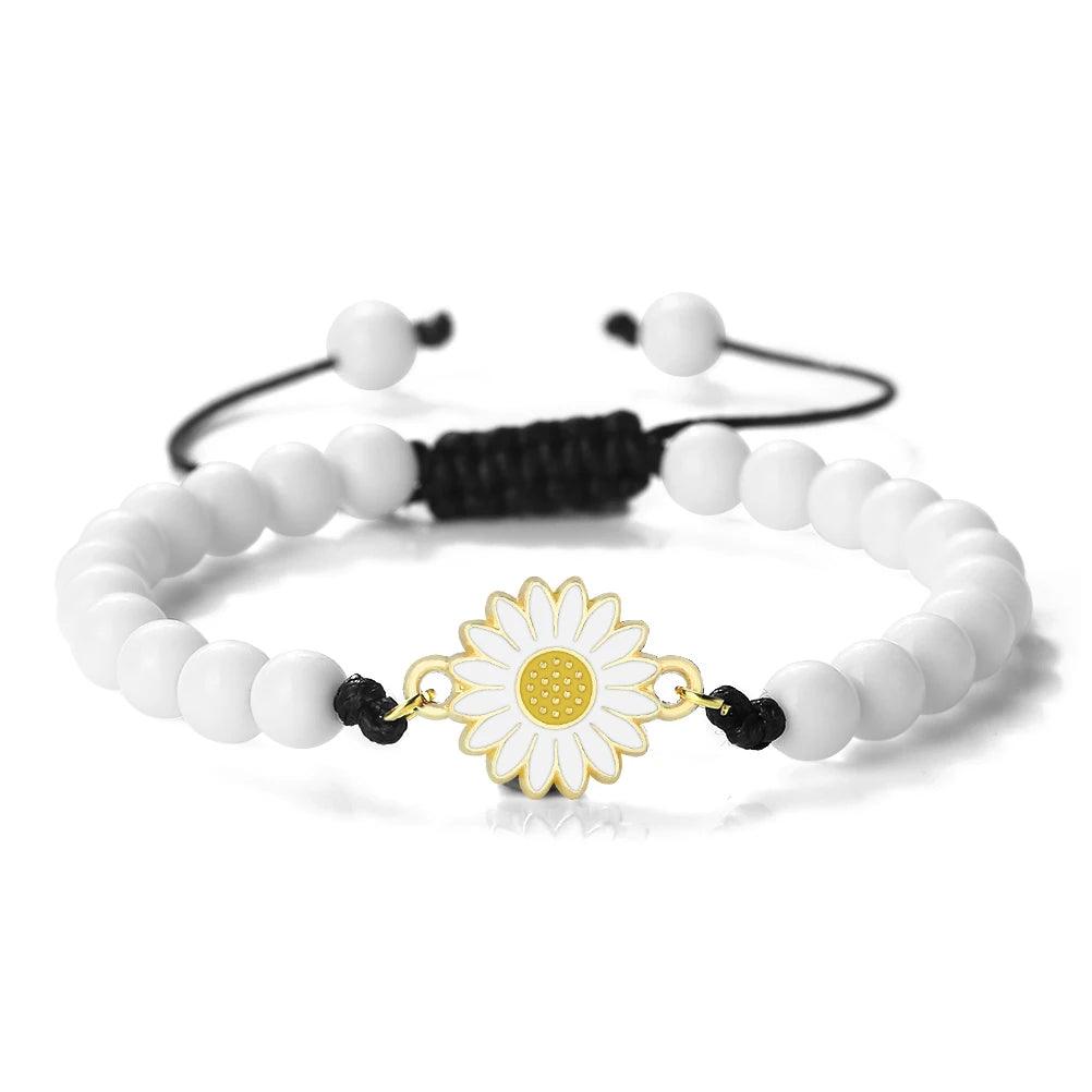 6mm Natural Stone Bracelets with Daisy Pendant Adjustable Braided Cord Symbolizes Purity and Joy Meaningful Gifts for Loved Ones - Buddha bead​