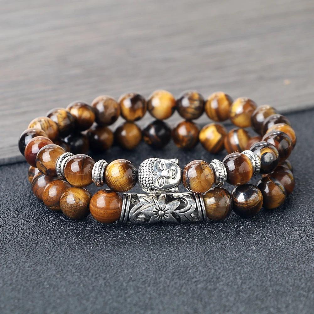 Buddhist Buddha Head Prayer Bracelet Set Tiger Eye Black Volcanic Natural Stone Beads Unisex Men Bracelet & Bangle Women Jewelry - Buddha bead​