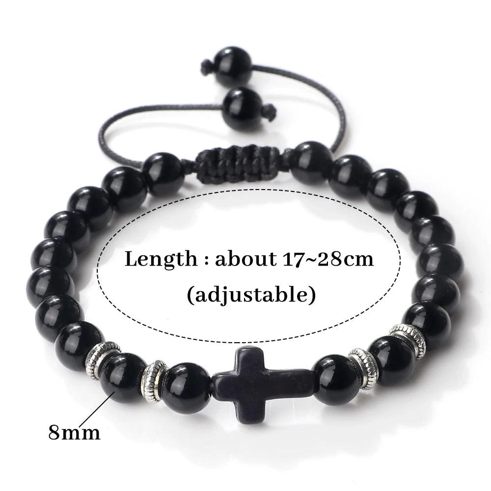 Hot Prayer Cross Men Bracelet Handmade 8mm Natural Tiger Eye Lava Stone Wood Beads Braided Bracelets Vintage Jewelry for Women - Buddha bead​