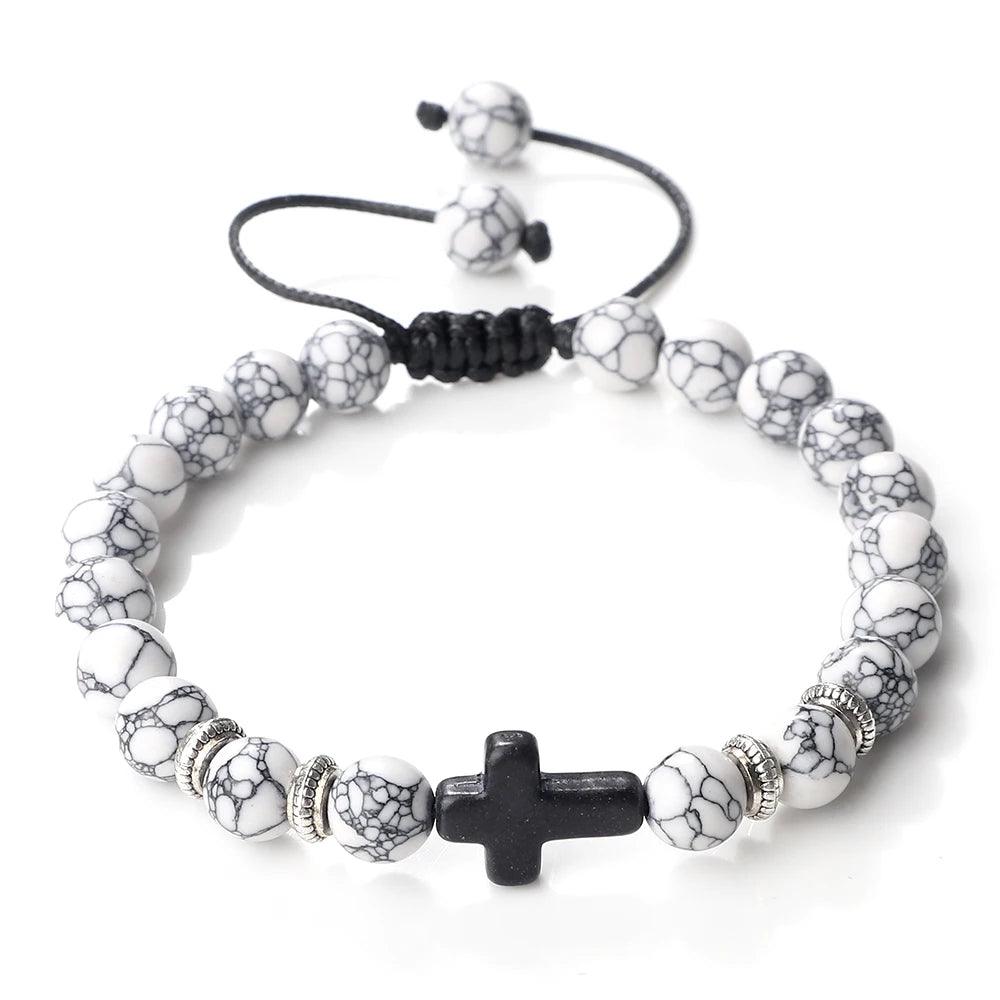Hot Prayer Cross Men Bracelet Handmade 8mm Natural Tiger Eye Lava Stone Wood Beads Braided Bracelets Vintage Jewelry for Women - Buddha bead​