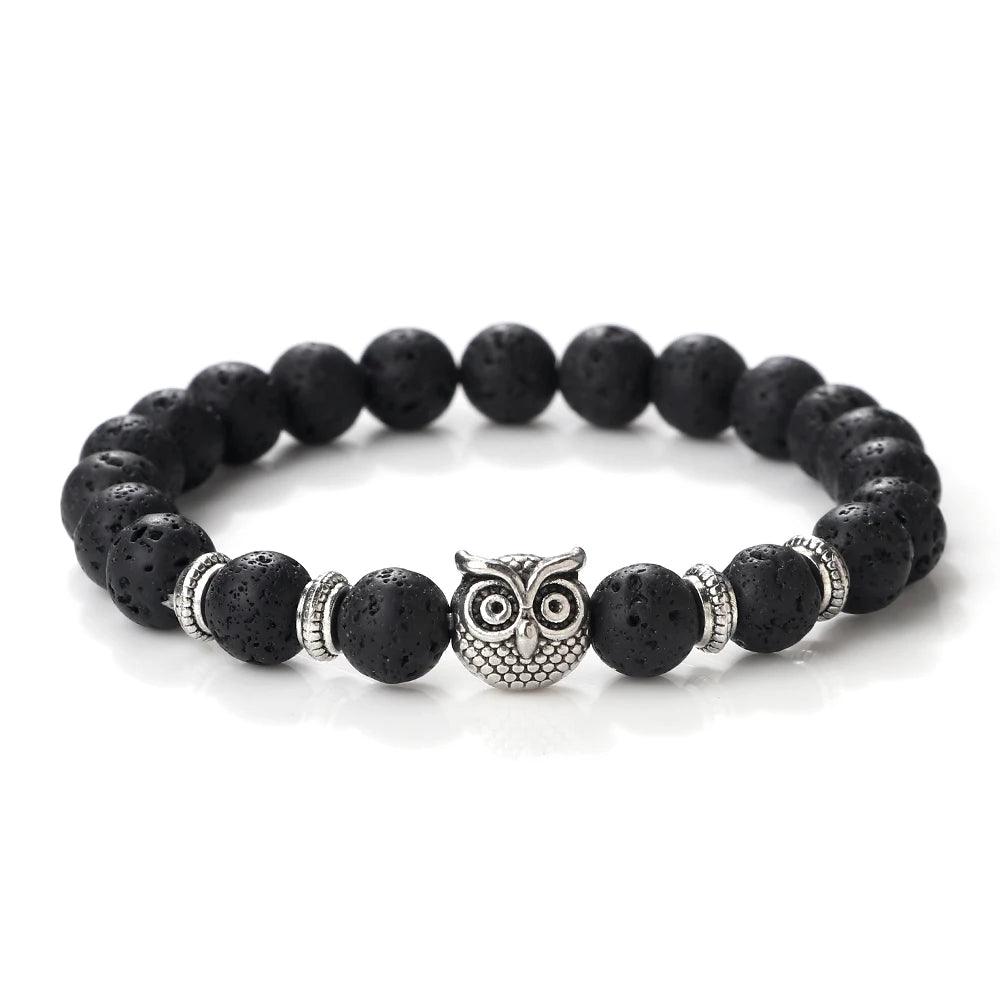 Natural Stone Beads Owl Bracelets Malachite Rock Lava Bangles Charm Strand Elastic Energy Yoga Buddha Jewelry For Women Men - Buddha bead​