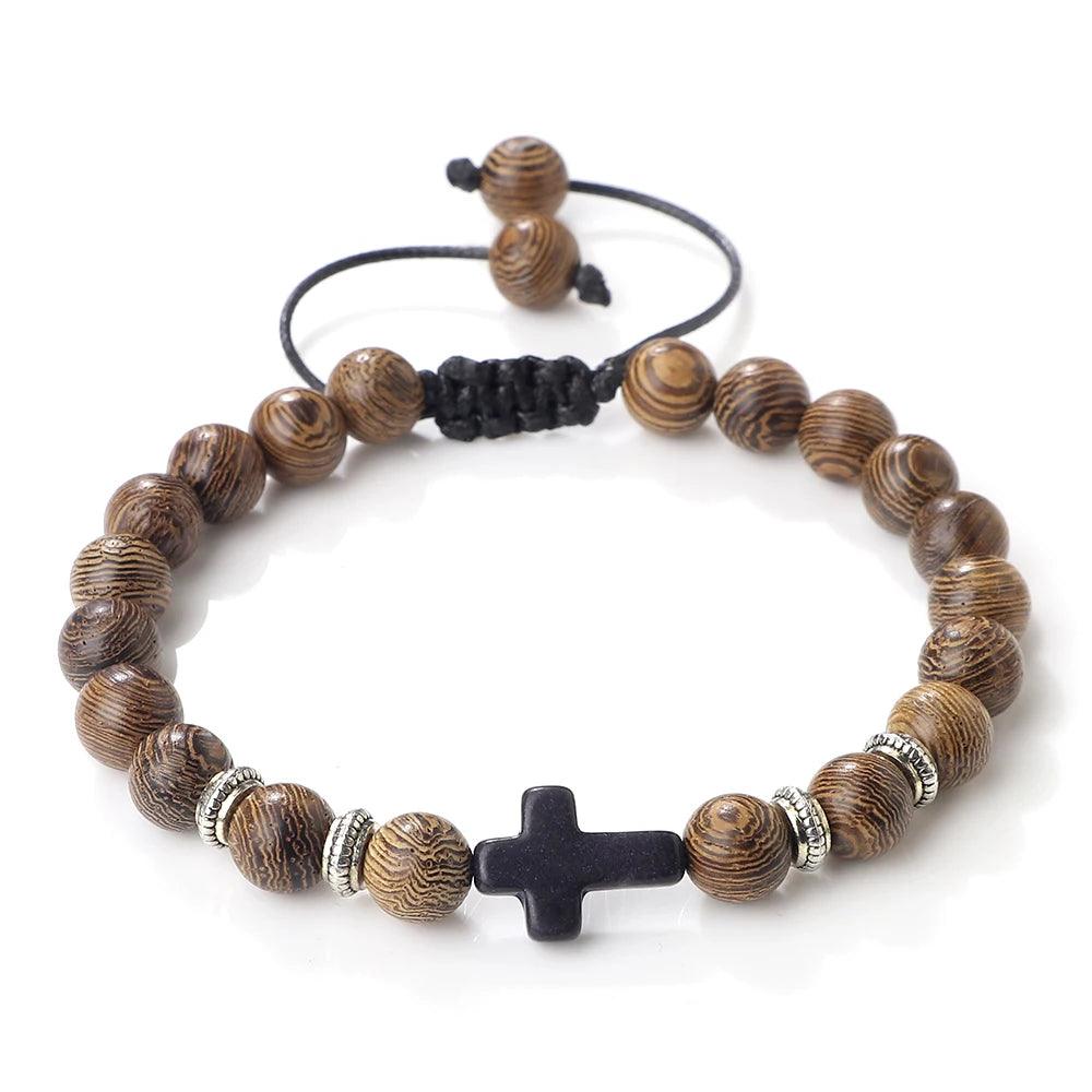 Hot Prayer Cross Men Bracelet Handmade 8mm Natural Tiger Eye Lava Stone Wood Beads Braided Bracelets Vintage Jewelry for Women - Buddha bead​