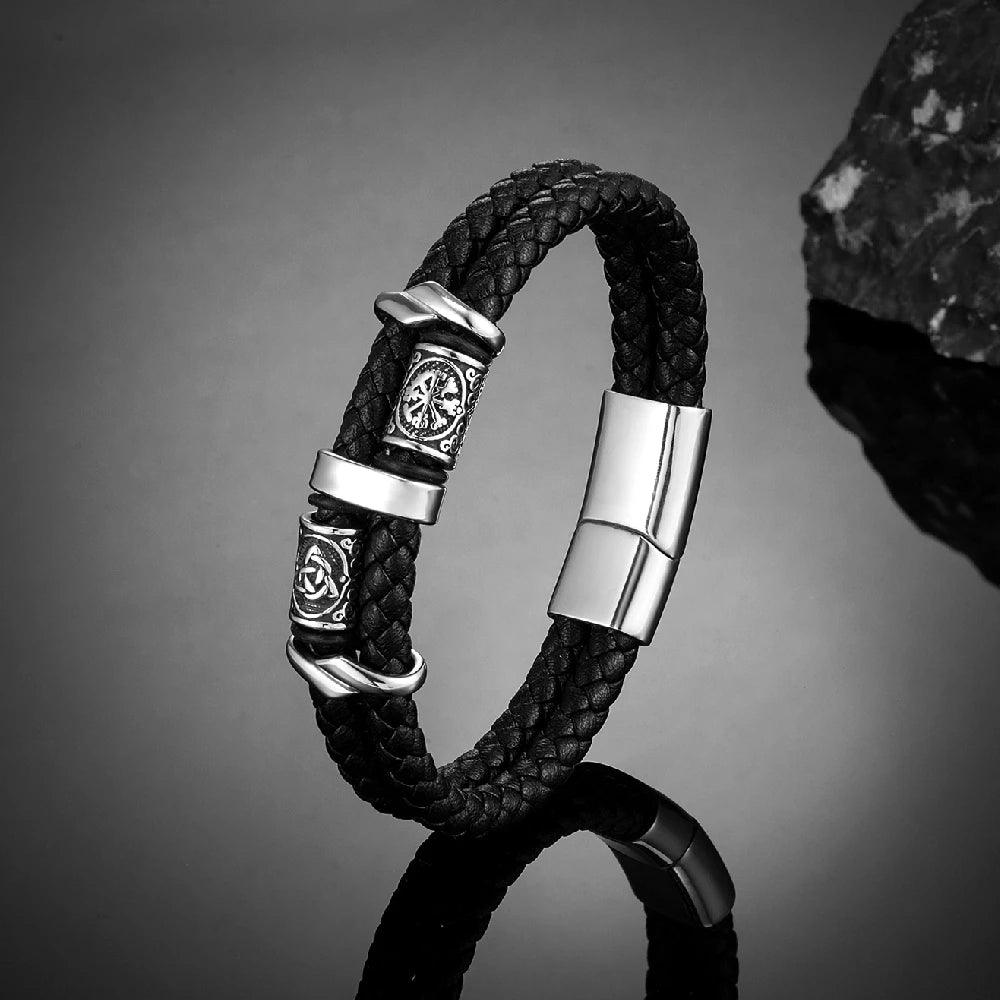Punk Men Vikings Style Genuine Leather Bracelet Braided Multilayer Stainless Steel Norse Runes Bead Bangles Couple Jewelry Gift - Buddha bead​