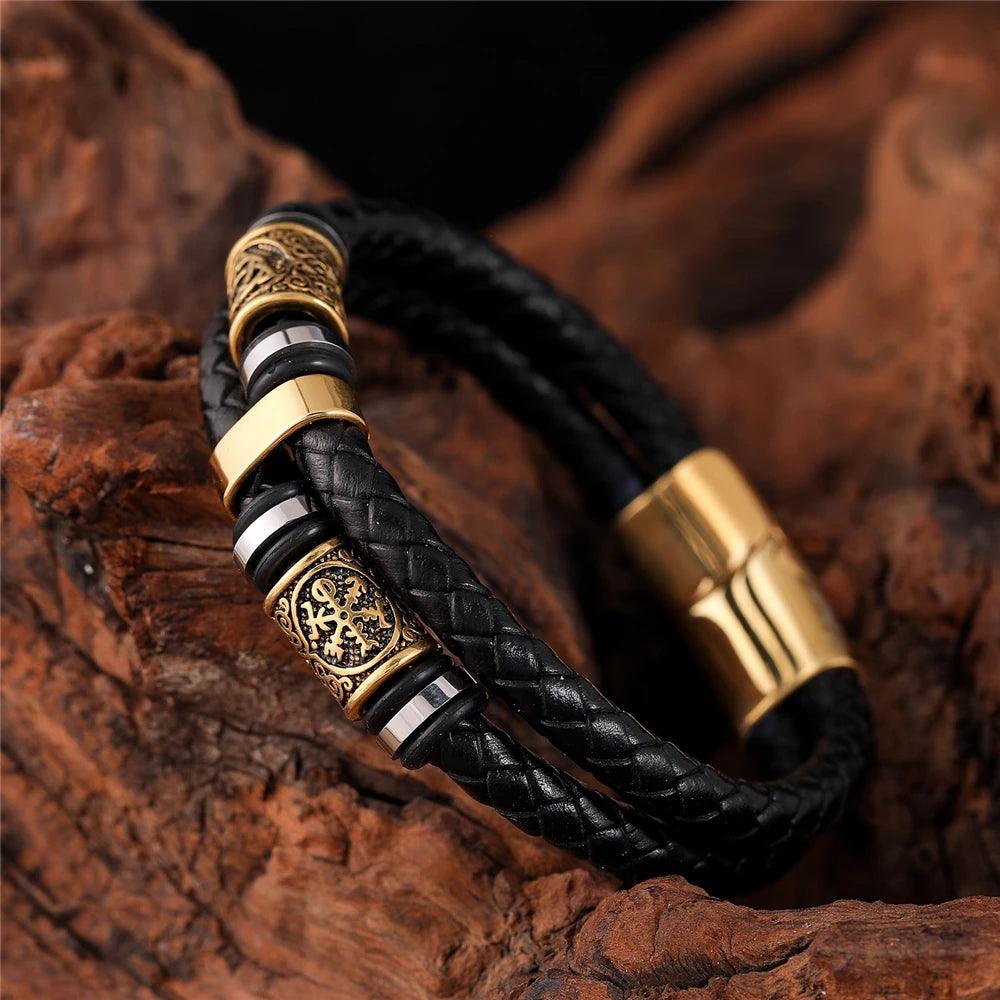 Punk Men Vikings Style Genuine Leather Bracelet Braided Multilayer Stainless Steel Norse Runes Bead Bangles Couple Jewelry Gift - Buddha bead​