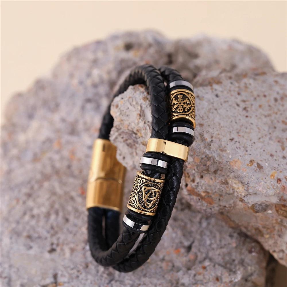 Punk Men Vikings Style Genuine Leather Bracelet Braided Multilayer Stainless Steel Norse Runes Bead Bangles Couple Jewelry Gift - Buddha bead​