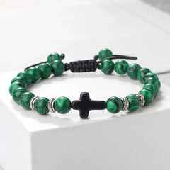Hot Prayer Cross Men Bracelet Handmade 8mm Natural Tiger Eye Lava Stone Wood Beads Braided Bracelets Vintage Jewelry for Women - Buddha bead​