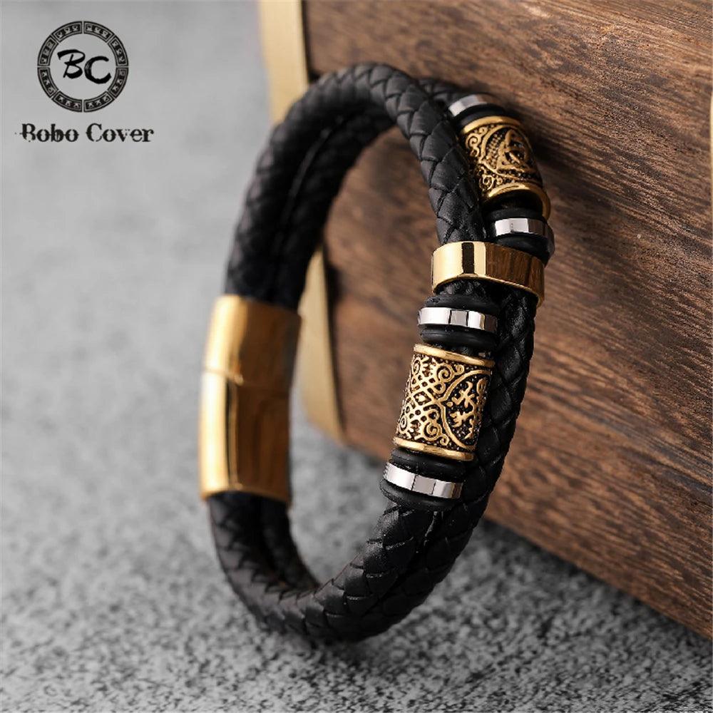 Punk Men Vikings Style Genuine Leather Bracelet Braided Multilayer Stainless Steel Norse Runes Bead Bangles Couple Jewelry Gift - Buddha bead​