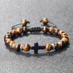Hot Prayer Cross Men Bracelet Handmade 8mm Natural Tiger Eye Lava Stone Wood Beads Braided Bracelets Vintage Jewelry for Women - Buddha bead​