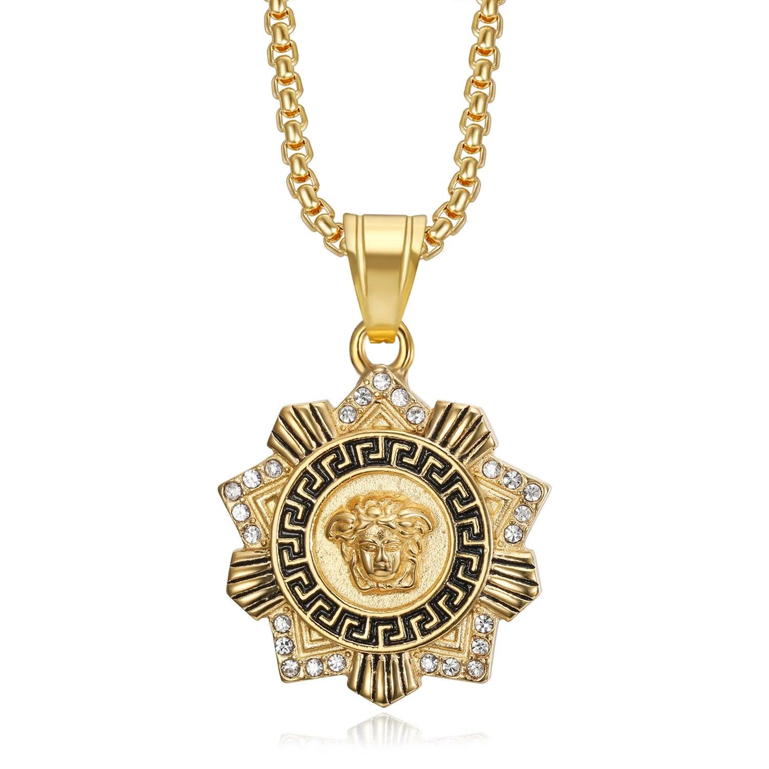 Fashionable new compass Greek mythology pendant necklace trendy hip-hop stainless steel gold zircon pendant necklace men's gift - Buddha bead​