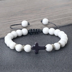 Hot Prayer Cross Men Bracelet Handmade 8mm Natural Tiger Eye Lava Stone Wood Beads Braided Bracelets Vintage Jewelry for Women - Buddha bead​