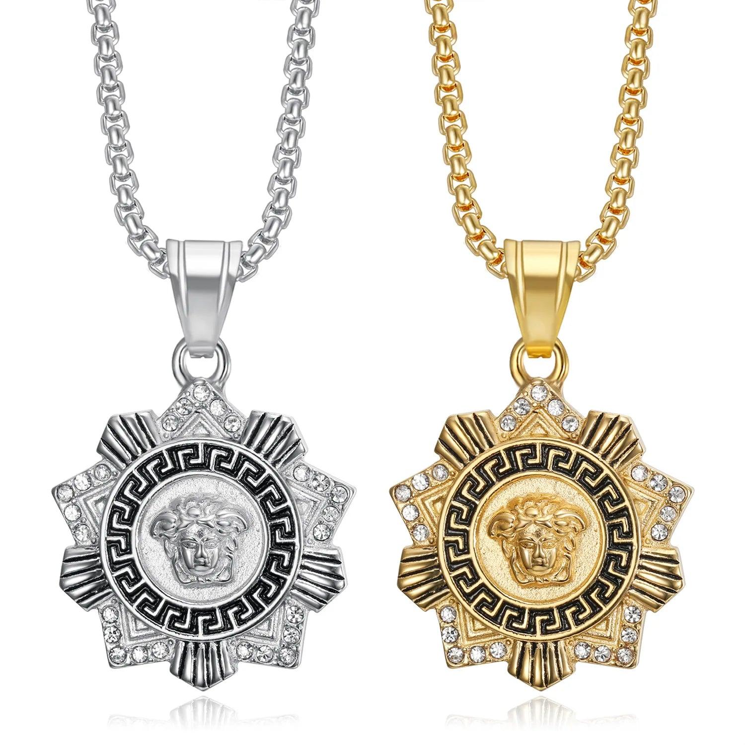 Fashionable new compass Greek mythology pendant necklace trendy hip-hop stainless steel gold zircon pendant necklace men's gift - Buddha bead​