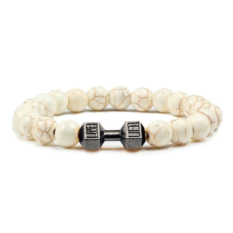 Natural Volcanic Stone Bracelet Men Matte Black Lave White Beads Charm Dumbbell Strand Bracelets Women Barbell Fitness Jewelry - Buddha bead​