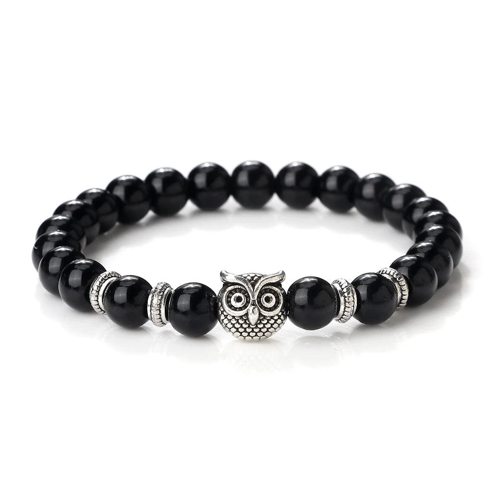Natural Stone Beads Owl Bracelets Malachite Rock Lava Bangles Charm Strand Elastic Energy Yoga Buddha Jewelry For Women Men - Buddha bead​
