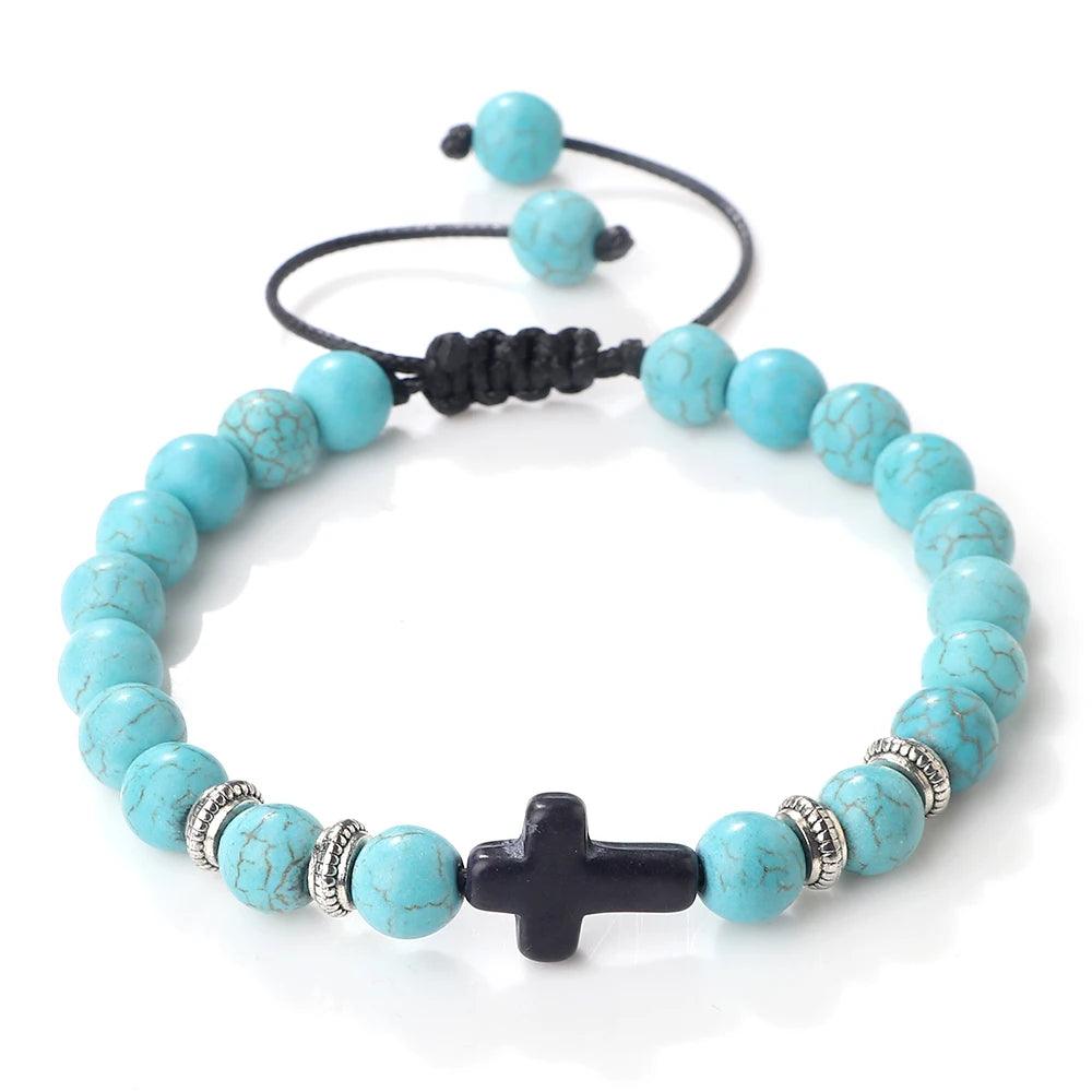 Hot Prayer Cross Men Bracelet Handmade 8mm Natural Tiger Eye Lava Stone Wood Beads Braided Bracelets Vintage Jewelry for Women - Buddha bead​