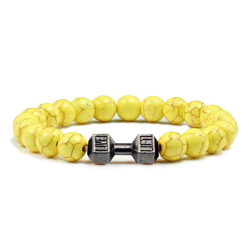Natural Volcanic Stone Bracelet Men Matte Black Lave White Beads Charm Dumbbell Strand Bracelets Women Barbell Fitness Jewelry - Buddha bead​