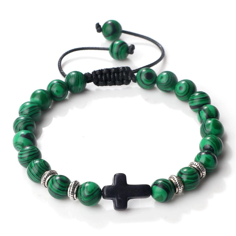 Hot Prayer Cross Men Bracelet Handmade 8mm Natural Tiger Eye Lava Stone Wood Beads Braided Bracelets Vintage Jewelry for Women - Buddha bead​