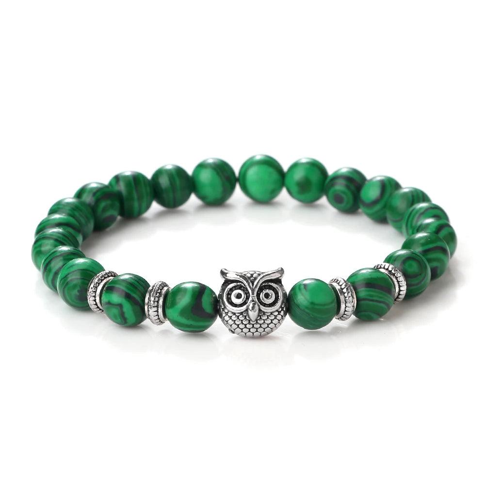 Natural Stone Beads Owl Bracelets Malachite Rock Lava Bangles Charm Strand Elastic Energy Yoga Buddha Jewelry For Women Men - Buddha bead​
