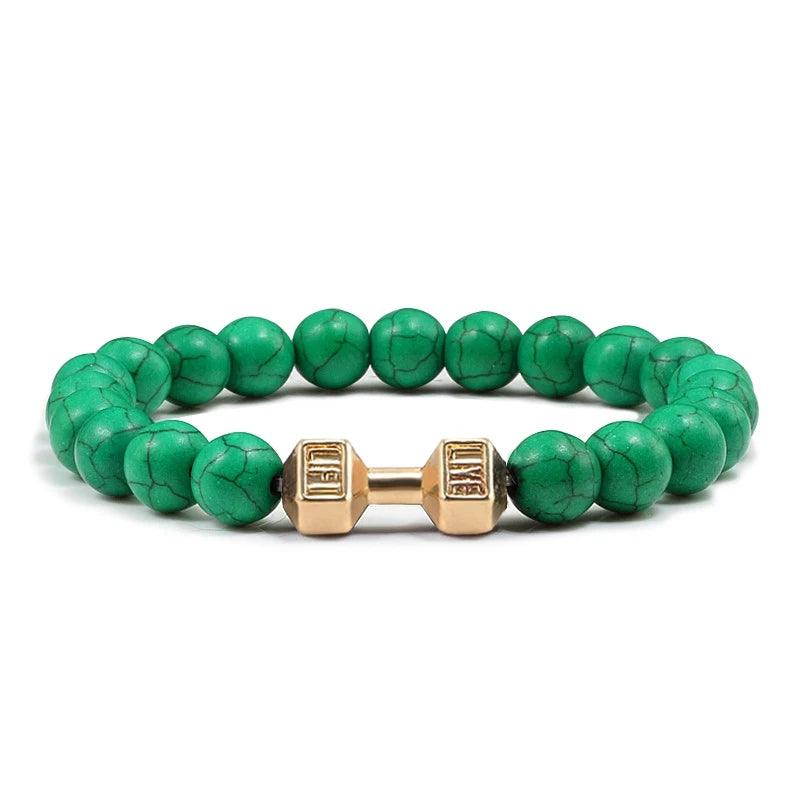 Natural Volcanic Stone Bracelet Men Matte Black Lave White Beads Charm Dumbbell Strand Bracelets Women Barbell Fitness Jewelry - Buddha bead​
