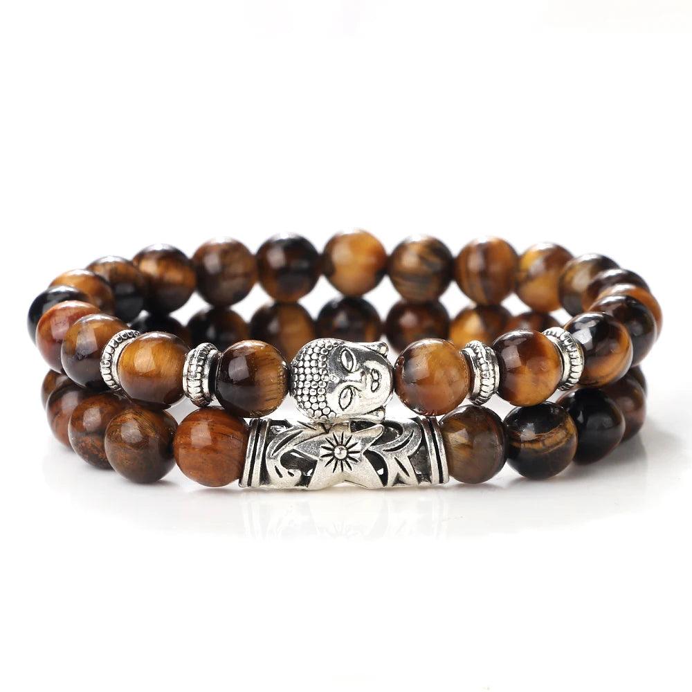 Buddhist Buddha Head Prayer Bracelet Set Tiger Eye Black Volcanic Natural Stone Beads Unisex Men Bracelet & Bangle Women Jewelry - Buddha bead​