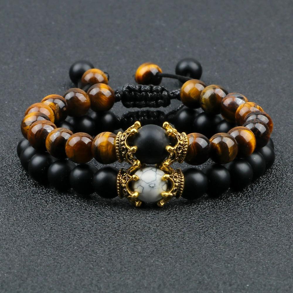 Black Volcanic Crown Bracelet Charm Tiger Eye Beads Lava Rock Bracelet For Men Women Braided Bracelets Handmade Jewelry Pulseira - Buddha bead​