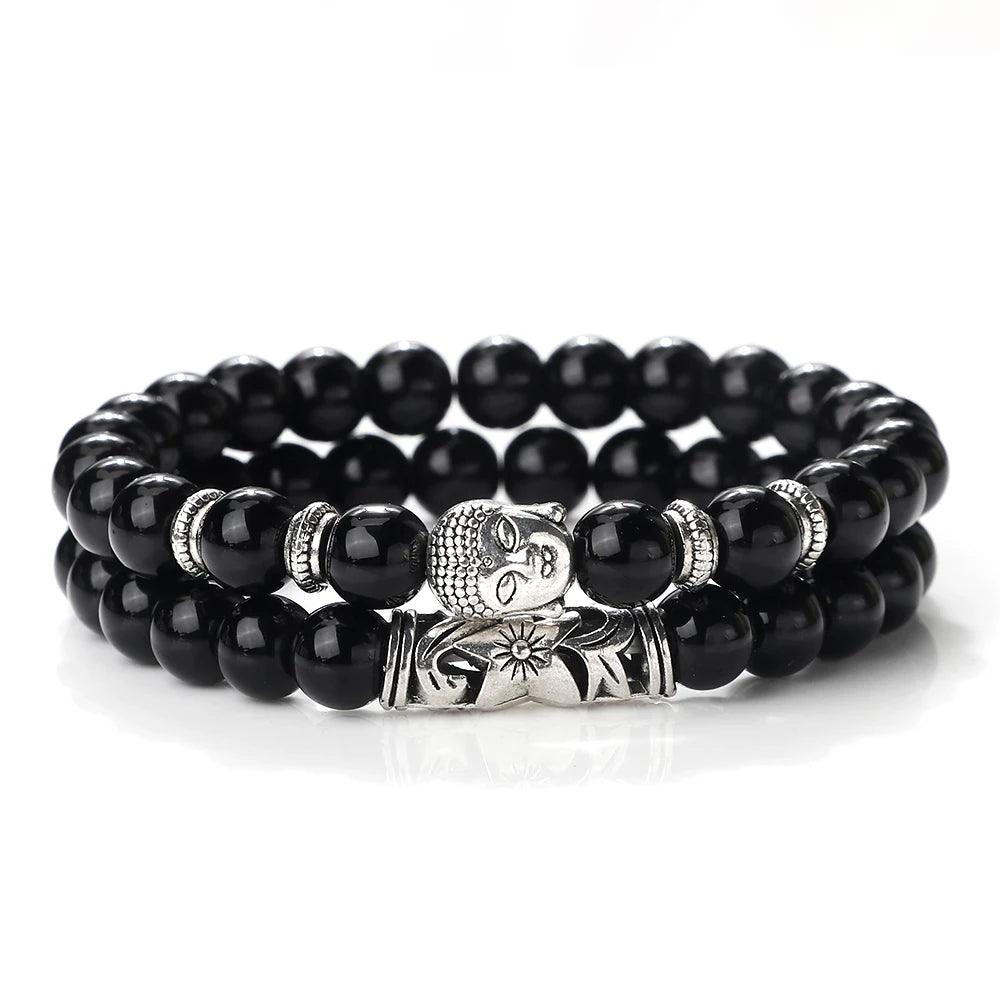 Buddhist Buddha Head Prayer Bracelet Set Tiger Eye Black Volcanic Natural Stone Beads Unisex Men Bracelet & Bangle Women Jewelry - Buddha bead​