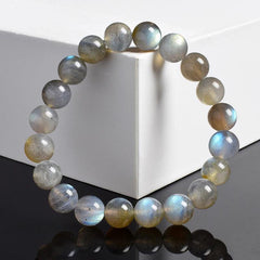 Natural Grey Labradorite Bracelets Flash Smooth Spectrolite Moonstone Round Elastic Beads Bracelet Genuine Natural Stone Jewelry - Buddha bead​