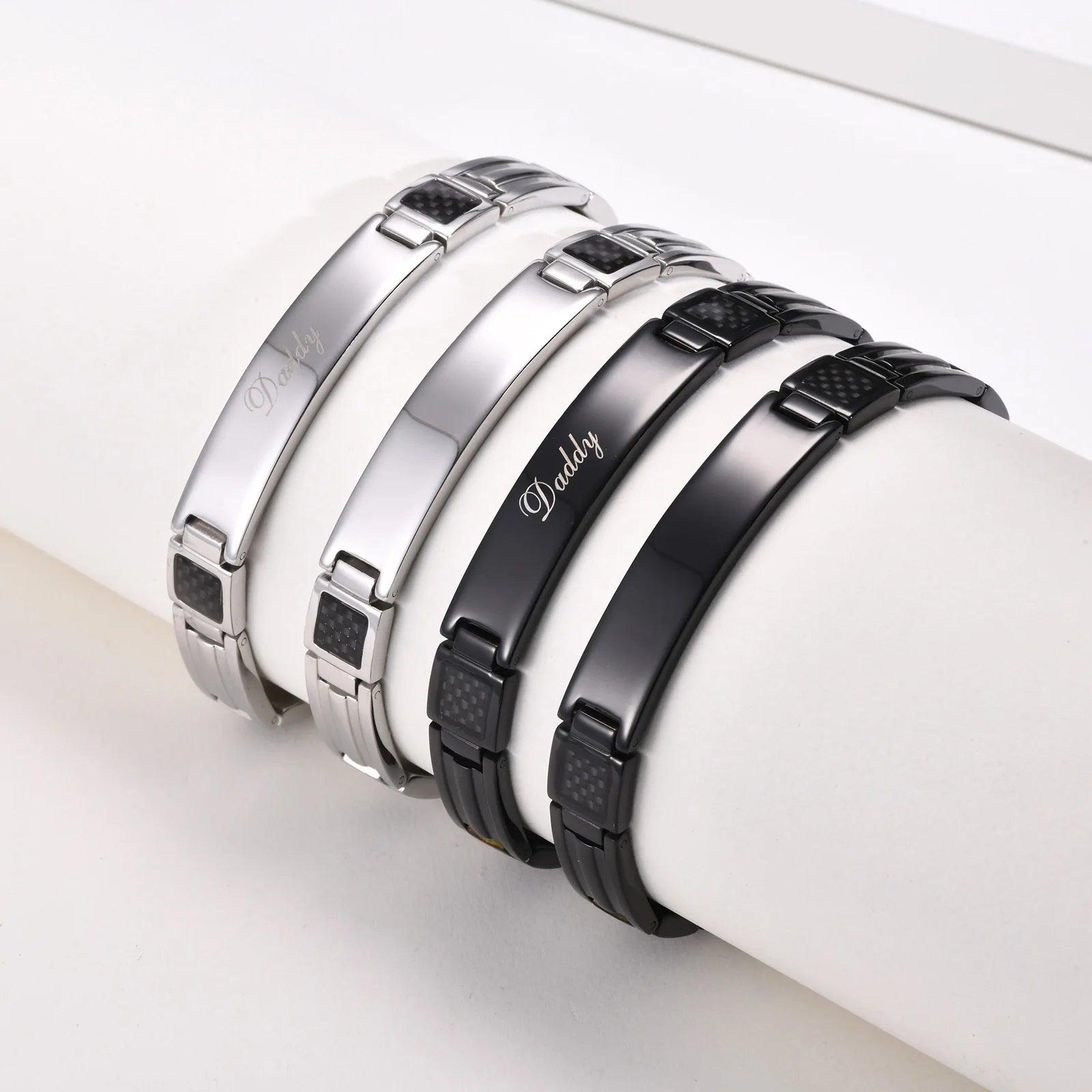 Stylish Waterproof Mens Bracelets,Free Engrave Carbon Fiber ID Tag Wristband,Trendy Jewelry Gifts to Dad Husband - Buddha bead​