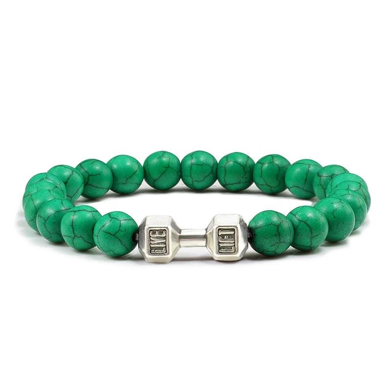 Natural Volcanic Stone Bracelet Men Matte Black Lave White Beads Charm Dumbbell Strand Bracelets Women Barbell Fitness Jewelry - Buddha bead​